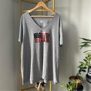 Women’s Plus size Gray V-Neck Tee with flip Sequin American Flag/Freedom Forever
